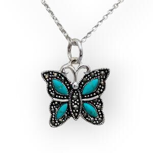 Turquoise Butterfly Pendant Necklace Silver Tone Marcasite Western Romance